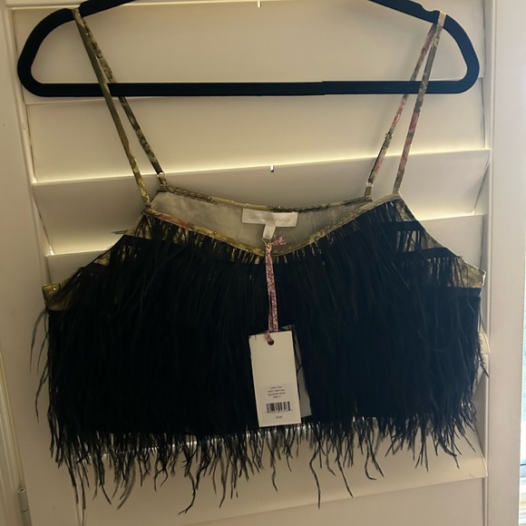 LoveShackFancy Womens Dusty Black Feathers Metallic Trim Crop Cami Top NWT - Picture 2 of 4